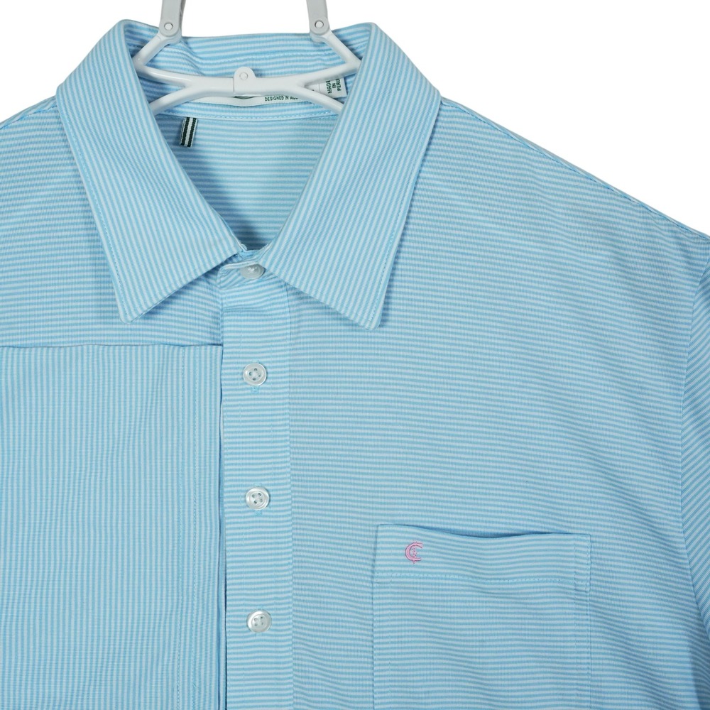 Criquet Mens Performance Players Shirt Blue White Micro Stripe Polo Size Large